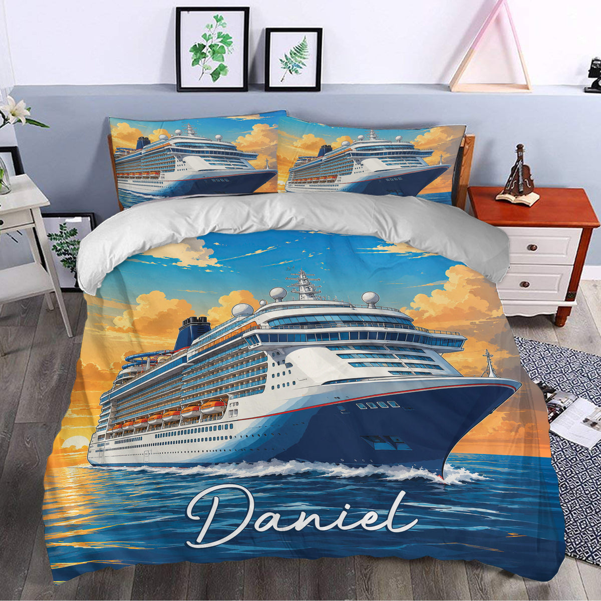 Cruise ship bedding set styled in a bedroom with vivid ocean liner artwork and sunset colors