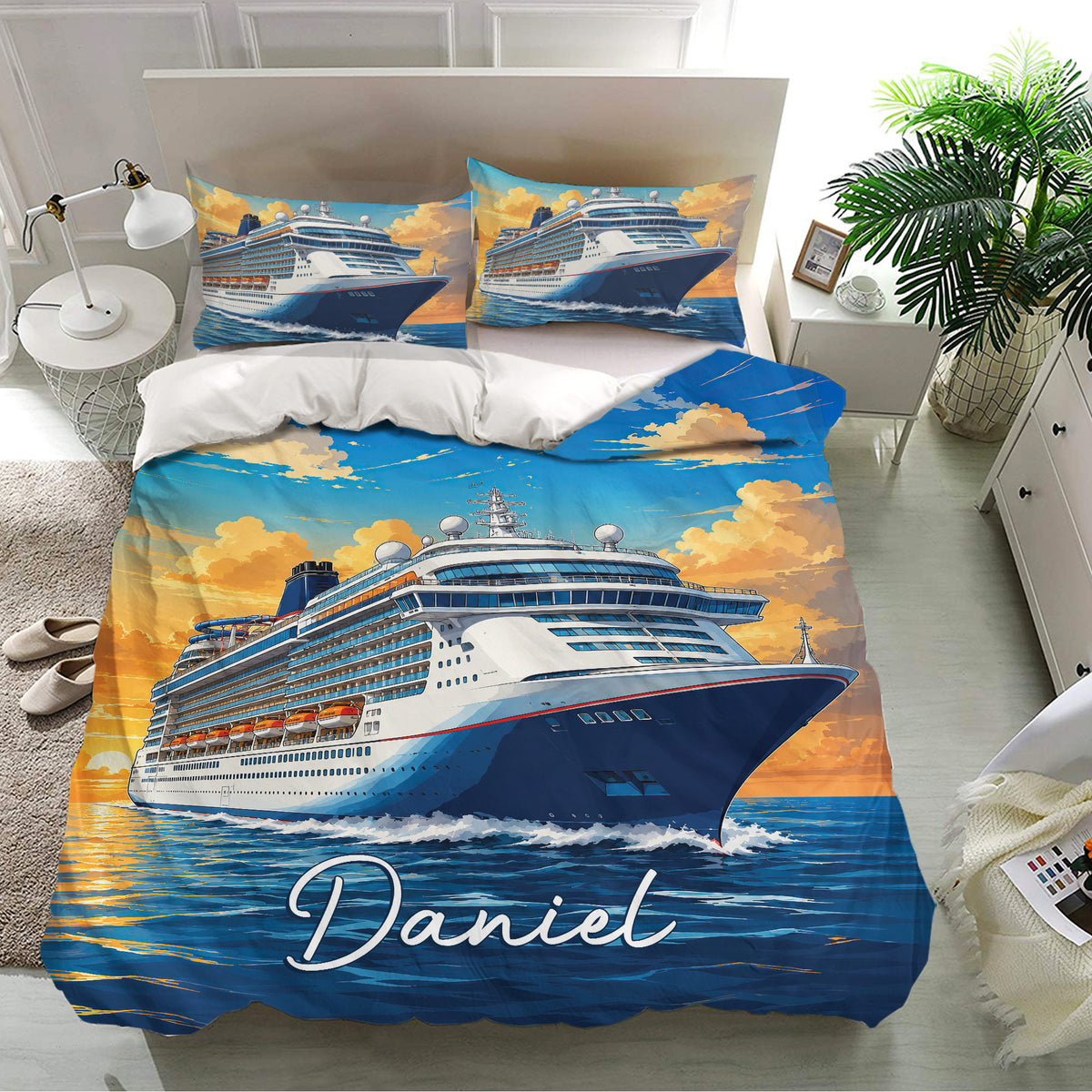 Cruise ship duvet cover bedding set displayed in a bright bedroom with matching ocean-themed pillowcases