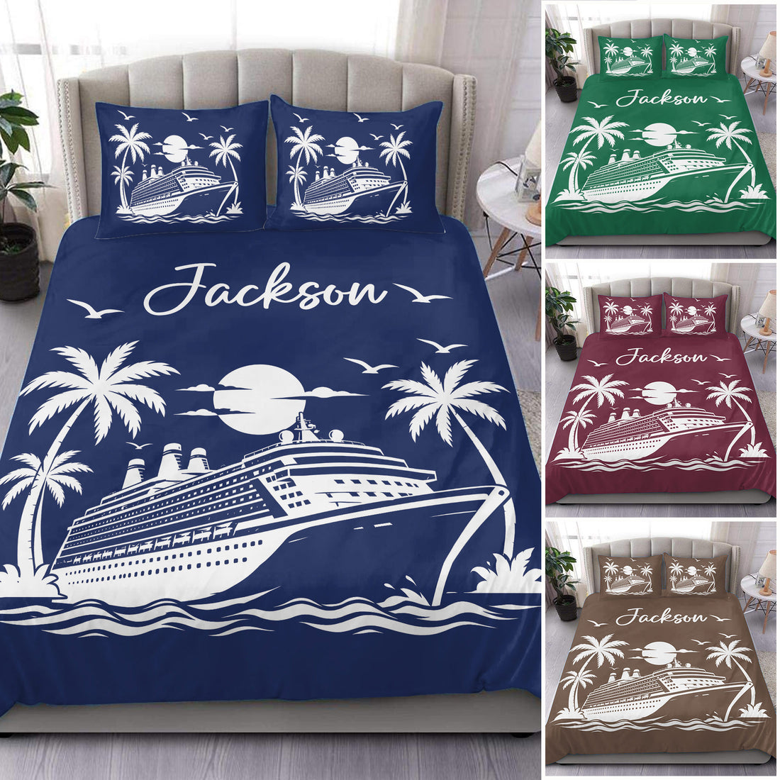 Cruise ship duvet cover set with palm trees, moonlit waves, seabirds, and tropical ocean artwork