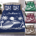 Cruise ship duvet cover set with palm trees, moonlit waves, seabirds, and tropical ocean artwork