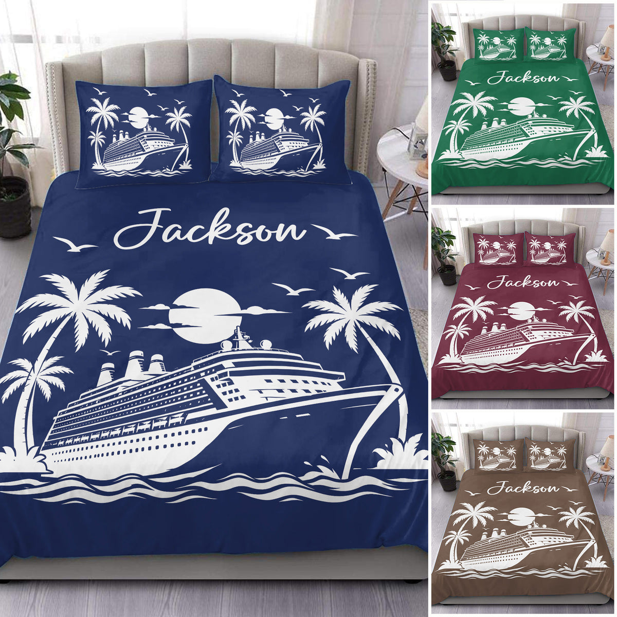 Cruise ship duvet cover set with palm trees, moonlit waves, seabirds, and tropical ocean artwork