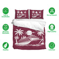 Cruise ship duvet cover bedding set shown in maroon with palm trees, ocean waves, and care feature icons
