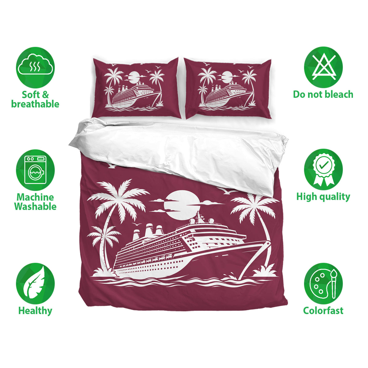 Cruise ship duvet cover bedding set shown in maroon with palm trees, ocean waves, and care feature icons