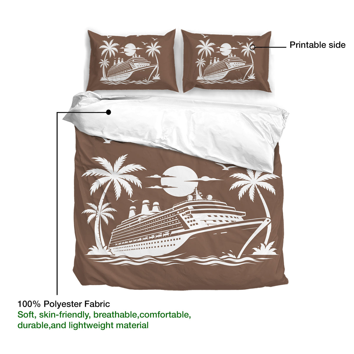 Brown cruise ship duvet cover set displayed with palm trees, moon, ocean waves, and fabric detail callouts