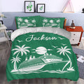 Green cruise ship duvet cover set styled in a bedroom with tropical palms, seabirds, and ocean artwork