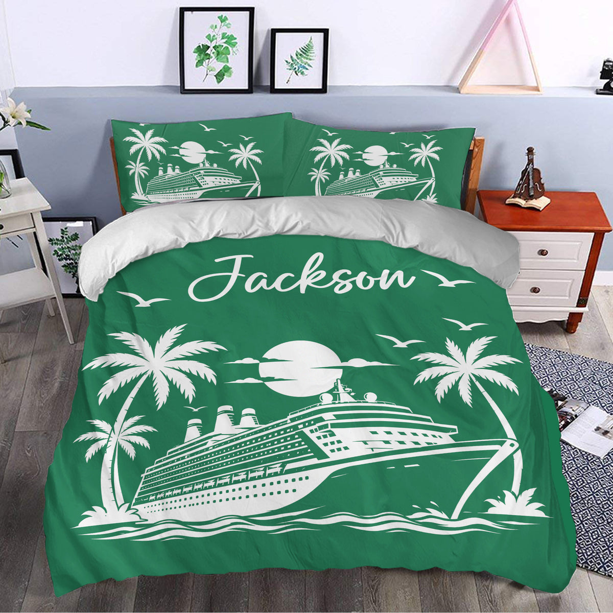 Green cruise ship duvet cover set styled in a bedroom with tropical palms, seabirds, and ocean artwork