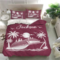 Maroon cruise ship duvet cover set presented in a bright bedroom with palm trees and moonlit ocean design