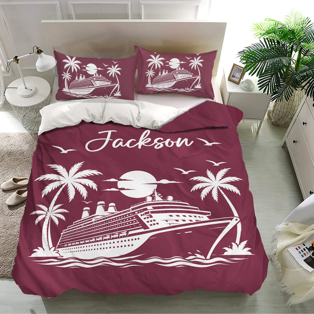 Maroon cruise ship duvet cover set presented in a bright bedroom with palm trees and moonlit ocean design