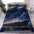 Cruise ship duvet cover set displayed on a bed with a starry night ocean design