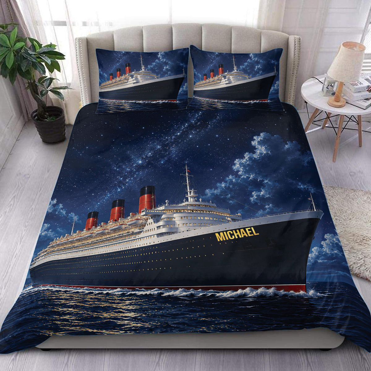 Cruise ship duvet cover set displayed on a bed with a starry night ocean design
