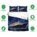 Cruise ship bedding set shown with matching pillowcases and a deep blue ocean artwork