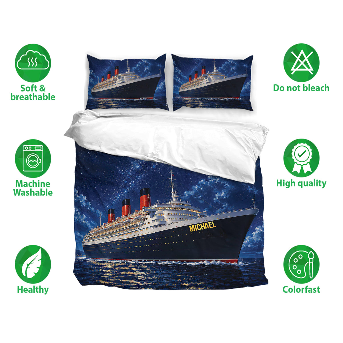 Cruise ship bedding set shown with matching pillowcases and a deep blue ocean artwork
