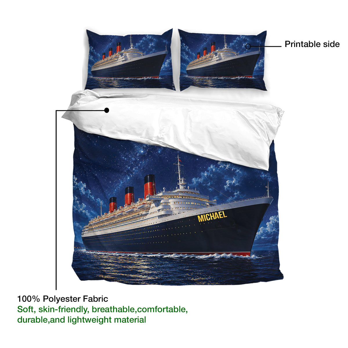 Cruise ship duvet cover set displaying printable artwork and soft polyester fabric details