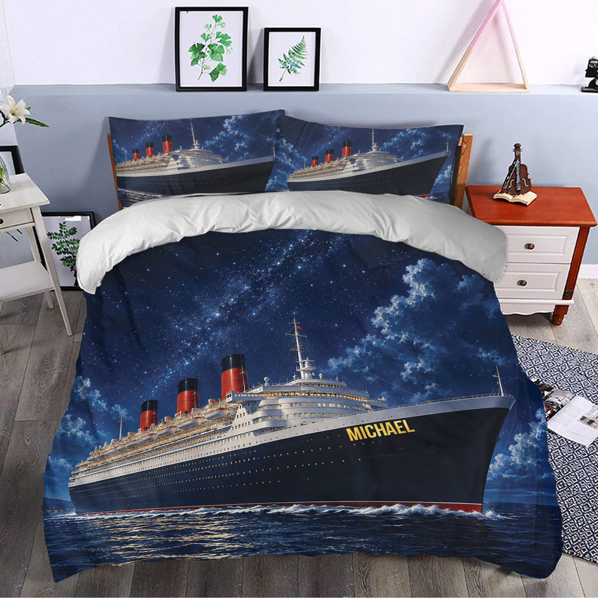 Cruise ship duvet cover styled in a bedroom with starry sky and ocean wave artwork