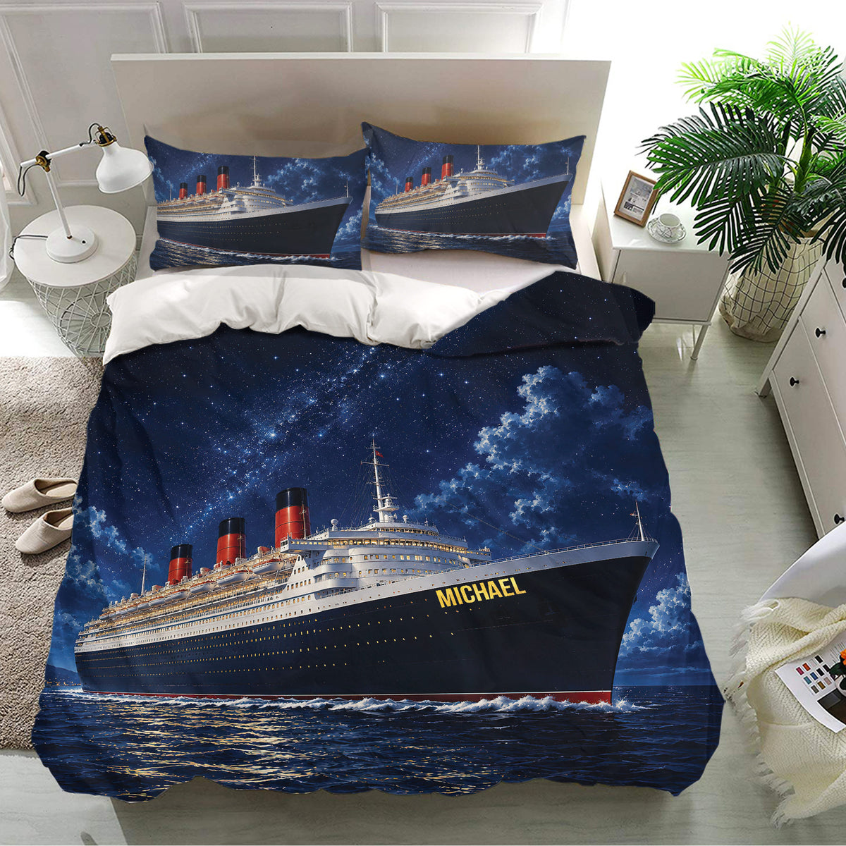 Cruise ship bedding set presented in a bright bedroom with matching ocean-themed pillowcases