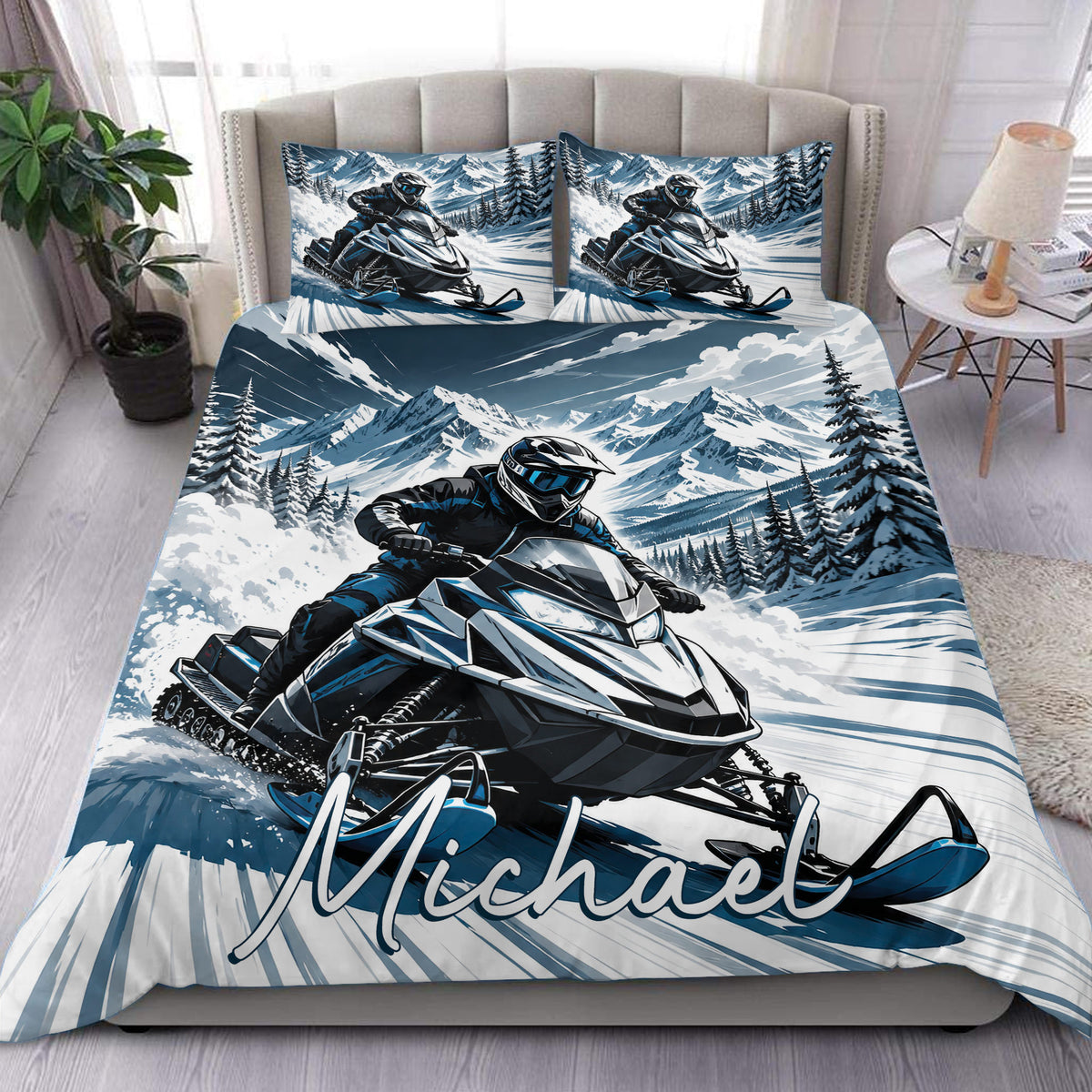Snowmobile duvet cover set displayed on a bed with blue and white mountain scenery and matching pillowcases