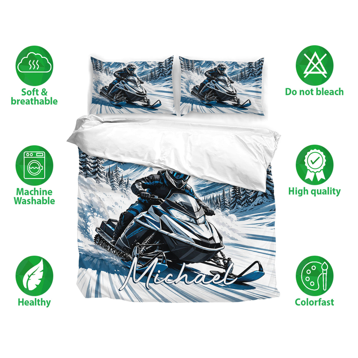 Snowmobile bedding set shown with matching pillowcases, snowy mountain artwork, and soft breathable fabric icons