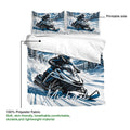 Snowmobile duvet cover with matching pillowcases shown in a product feature layout with snowy mountain artwork