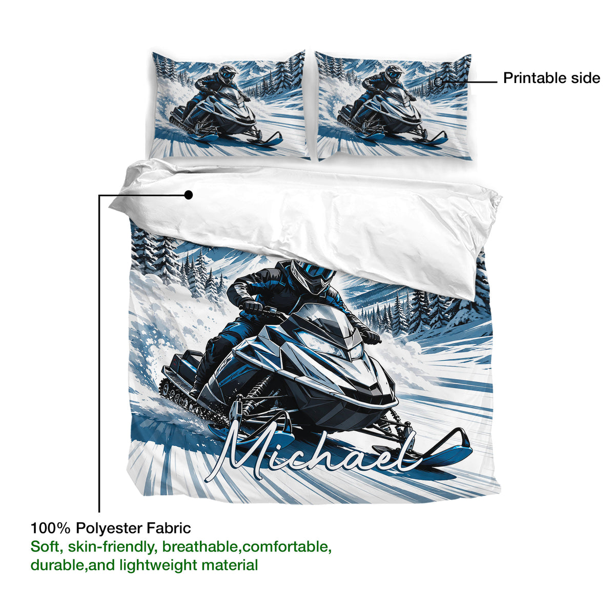 Snowmobile duvet cover with matching pillowcases shown in a product feature layout with snowy mountain artwork