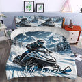 Snowmobile duvet cover set styled in a bedroom with blue mountain scenery, evergreen trees, and winter adventure artwork