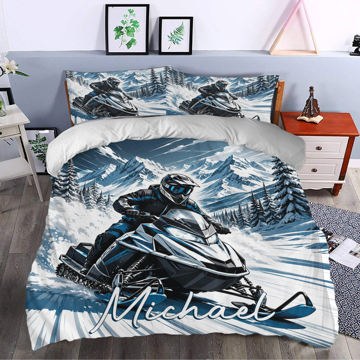 Snowmobile duvet cover set styled in a bedroom with blue mountain scenery, evergreen trees, and winter adventure artwork