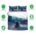 Snowmobile bedding set shown with matching pillowcases, snowy mountain scenery, aurora, and soft breathable fabric icons
