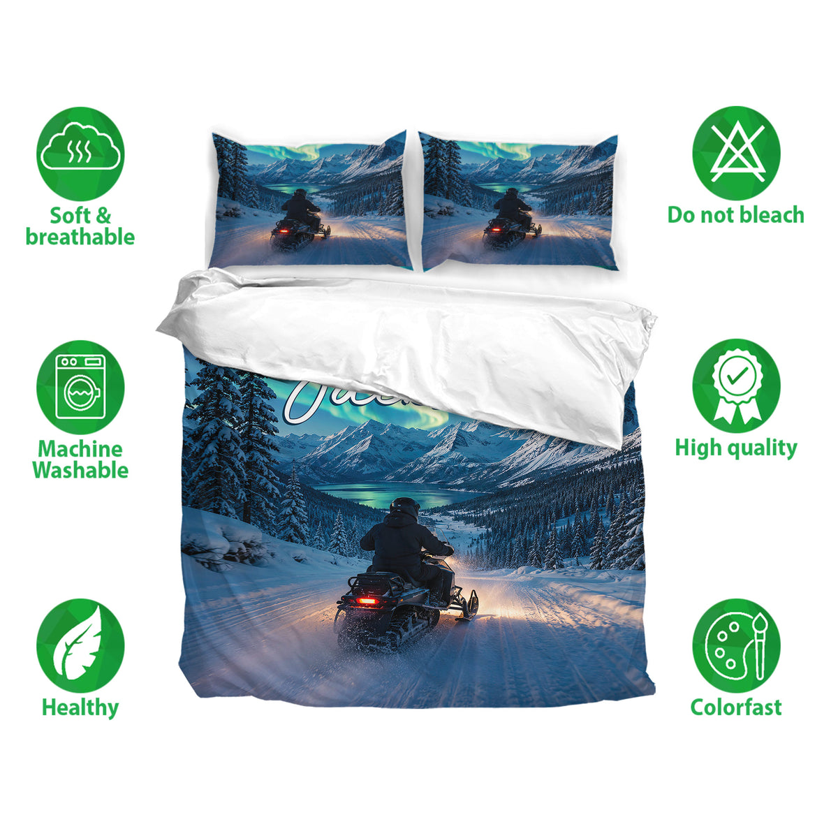 Snowmobile bedding set shown with matching pillowcases, snowy mountain scenery, aurora, and soft breathable fabric icons