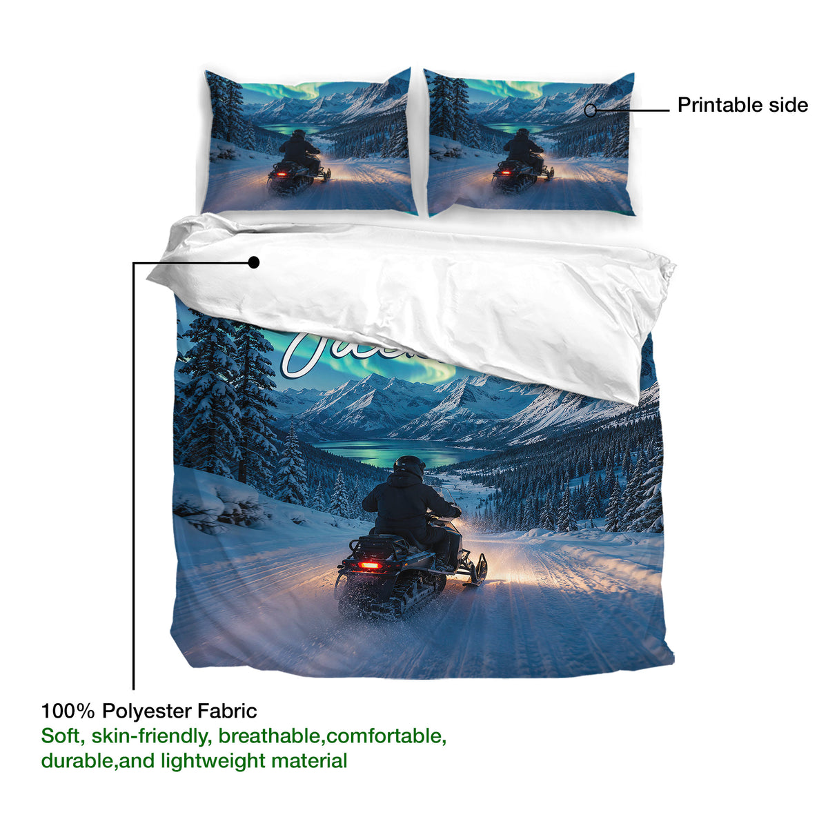 Snowmobile duvet cover bedding set with printable alpine aurora artwork and snowy mountain trail scene