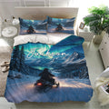 Snowmobile bedding set displayed in a bright bedroom with matching pillowcases and winter mountain adventure artwork