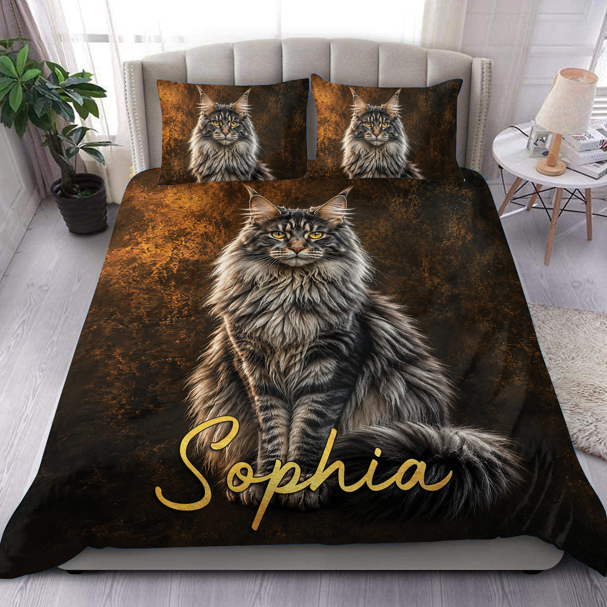 Maine Coon duvet cover bedding set with majestic gray cat artwork on a dark bronze bedroom design