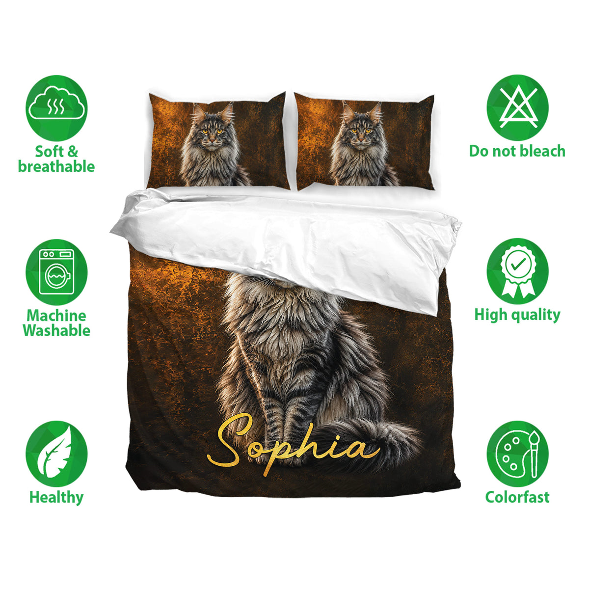 Maine Coon duvet cover set displayed with matching pillowcases and visible soft, breathable bedding features