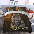 Maine Coon duvet cover styled in a modern bedroom with gray cat artwork and dark bronze tones