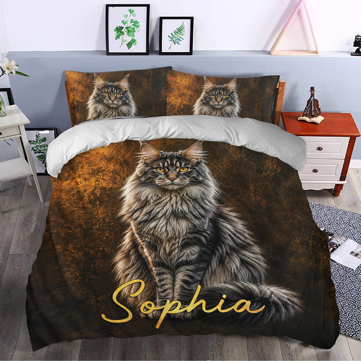 Maine Coon duvet cover styled in a modern bedroom with gray cat artwork and dark bronze tones