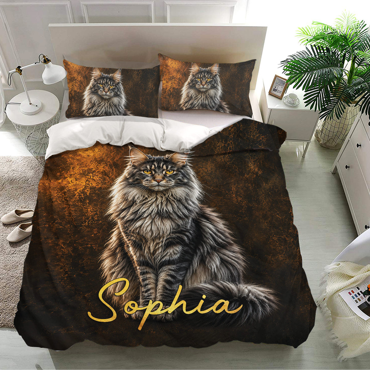 Maine Coon duvet cover bedding set presented in a bright bedroom with matching cat pillowcases