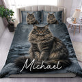 Maine Coon duvet cover set displayed on a bed with a snowy forest cat design and matching pillowcases