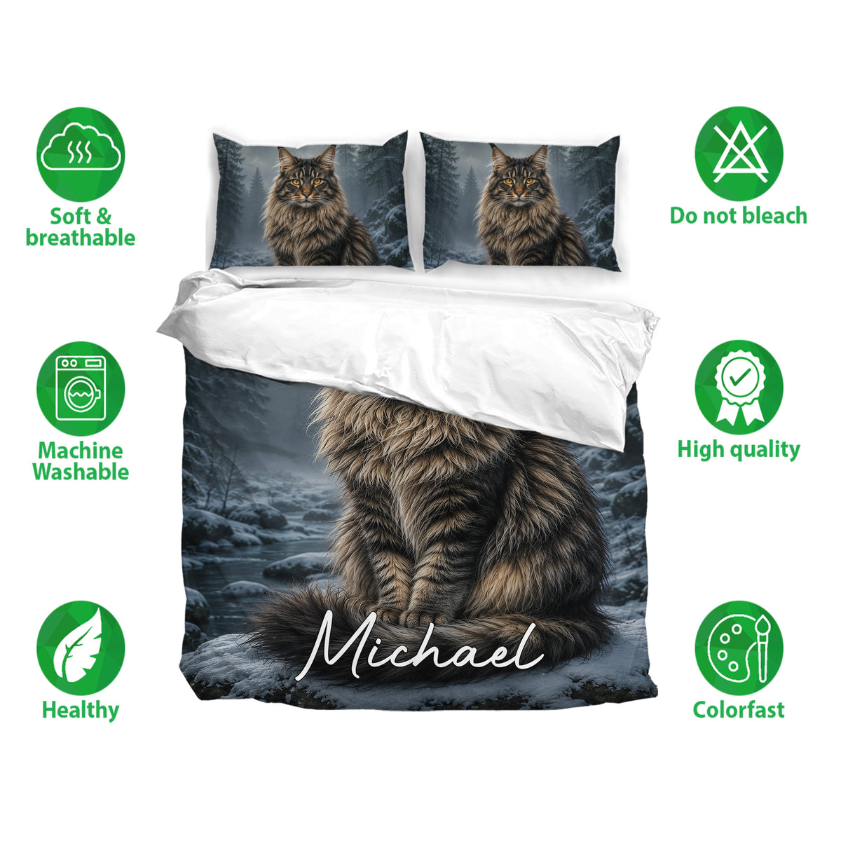 Maine Coon bedding set shown with matching pillowcases, soft fabric icons, and a dark winter forest design