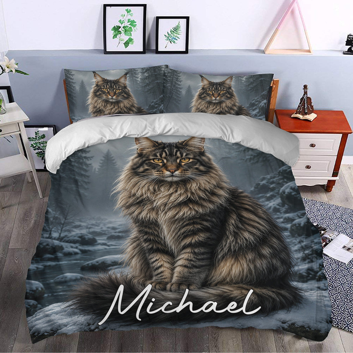 Maine Coon duvet cover bedding set styled in a bedroom with a large cat portrait and snowy forest scene