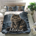 Maine Coon bedding set presented in a bright bedroom with matching cat portrait pillowcases and dark woodland artwork