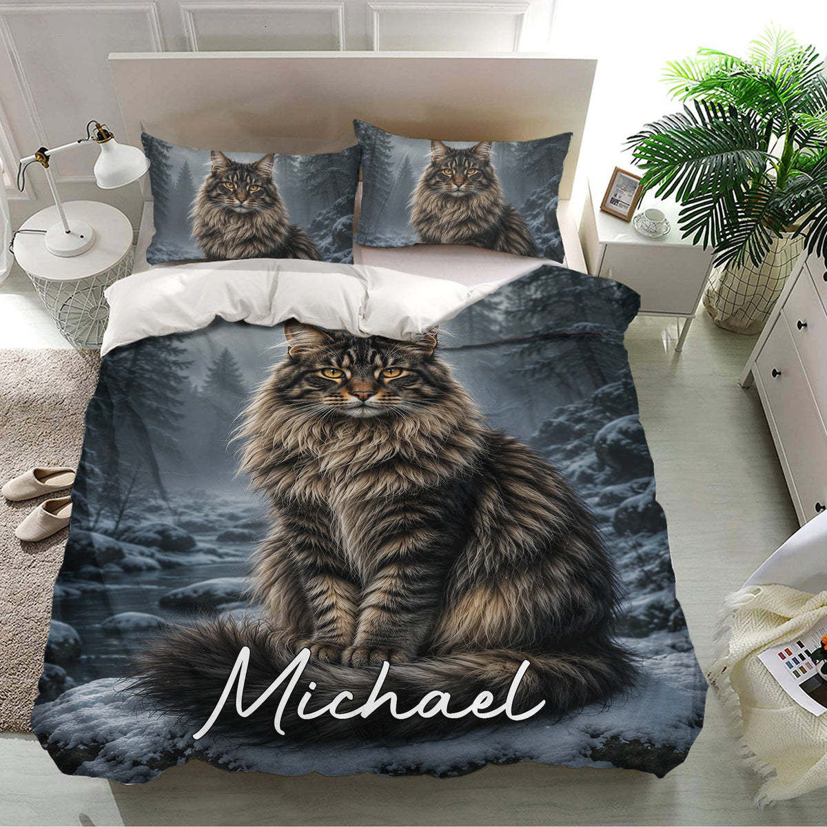 Maine Coon bedding set presented in a bright bedroom with matching cat portrait pillowcases and dark woodland artwork