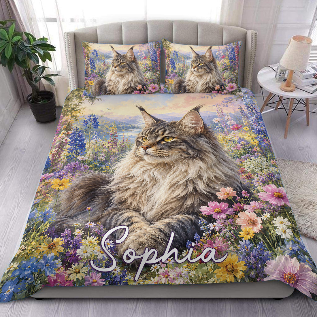 Maine Coon duvet cover bedding set displayed on a bed with colorful wildflowers and scenic mountain artwork