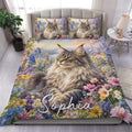 Maine Coon duvet cover bedding set displayed on a bed with colorful wildflowers and scenic mountain artwork