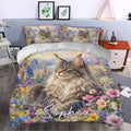 Maine Coon cat duvet cover bedding set styled in a bright bedroom with floral meadow artwork