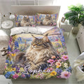 Maine Coon bedding set displayed in a modern bedroom with matching floral cat duvet cover and pillowcases