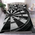 Black and white dart board duvet cover set styled on a modern bedroom with matching pillows