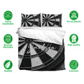 Black and white dart board bedding set shown with matching pillows and breathable fabric feature icons
