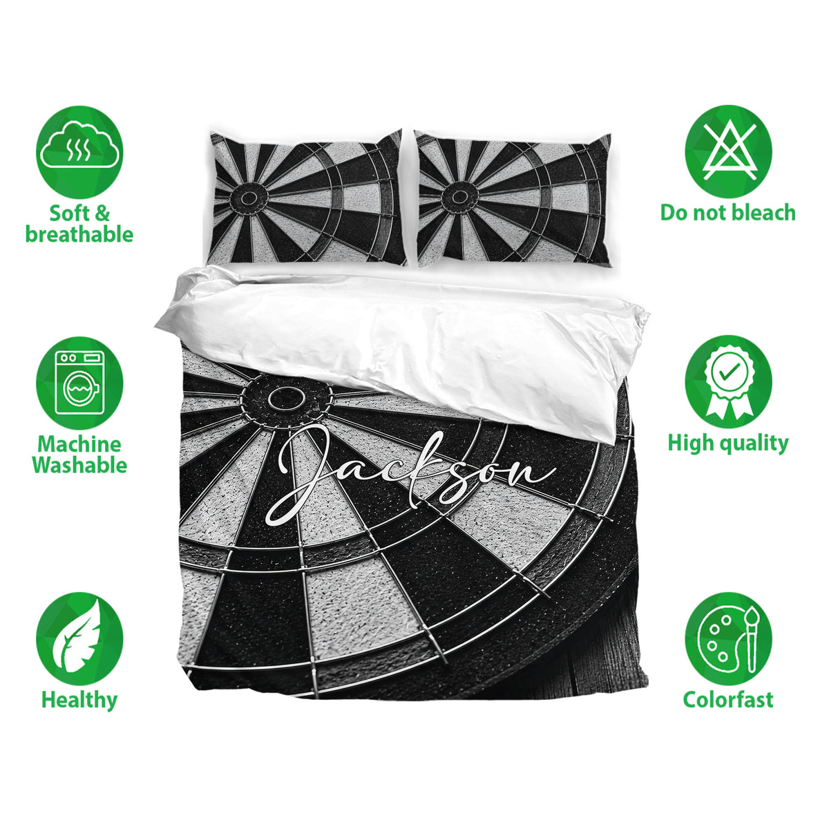 Black and white dart board bedding set shown with matching pillows and breathable fabric feature icons