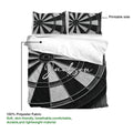 Dart board duvet cover set with matching pillowcases and a close view of the printed side