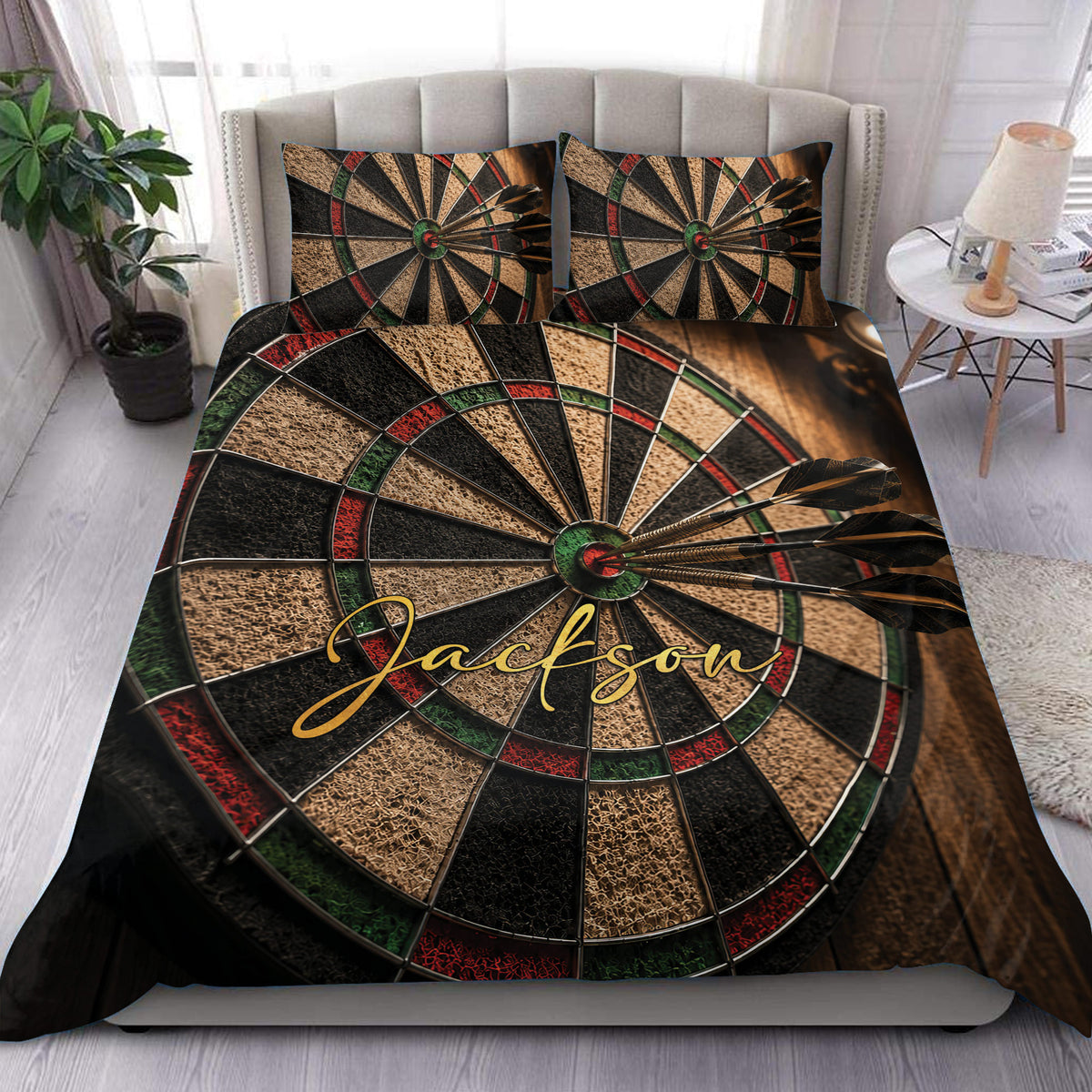 Dart board duvet cover set displayed on a bed with dart and target artwork in black, tan, red, and green