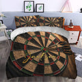 Dart board bedding set styled in a modern bedroom with dart targets and darts across the duvet cover