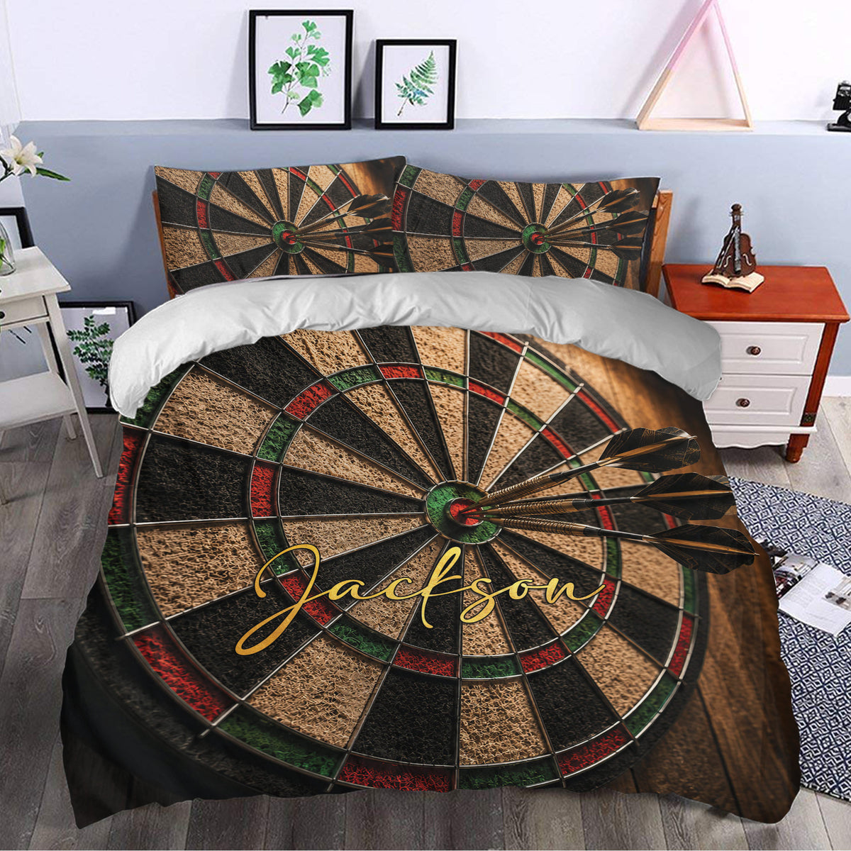 Dart board bedding set styled in a modern bedroom with dart targets and darts across the duvet cover